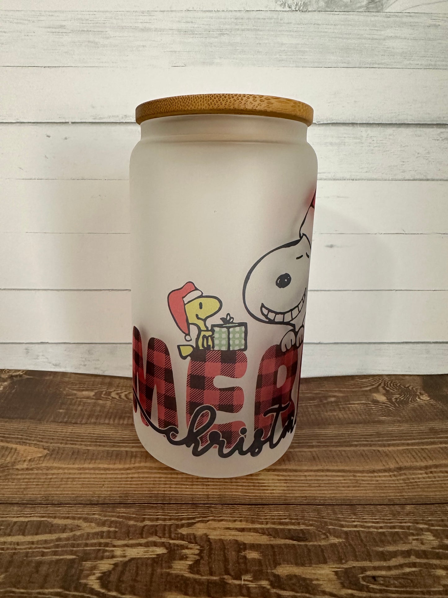 16 oz. Merry Christmas Snoopy Glass Can Cup