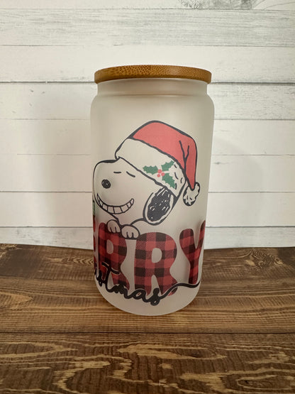 16 oz. Merry Christmas Snoopy Glass Can Cup